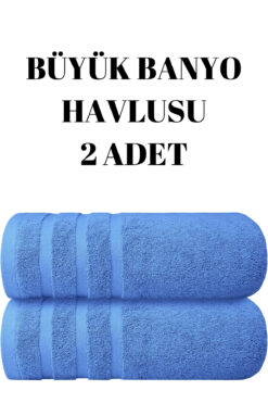 KAYABEY HOME Mavi 2'li Set Büyük Boy Banyo Havlusu Duş Vücut Havlusu Yumuşak %100 Pamuk Çizgi Desenli