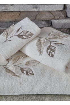 Dantela Kod-9960 Nakışlı Pamuk 3 Parça Banyo Havlu Seti - Krem