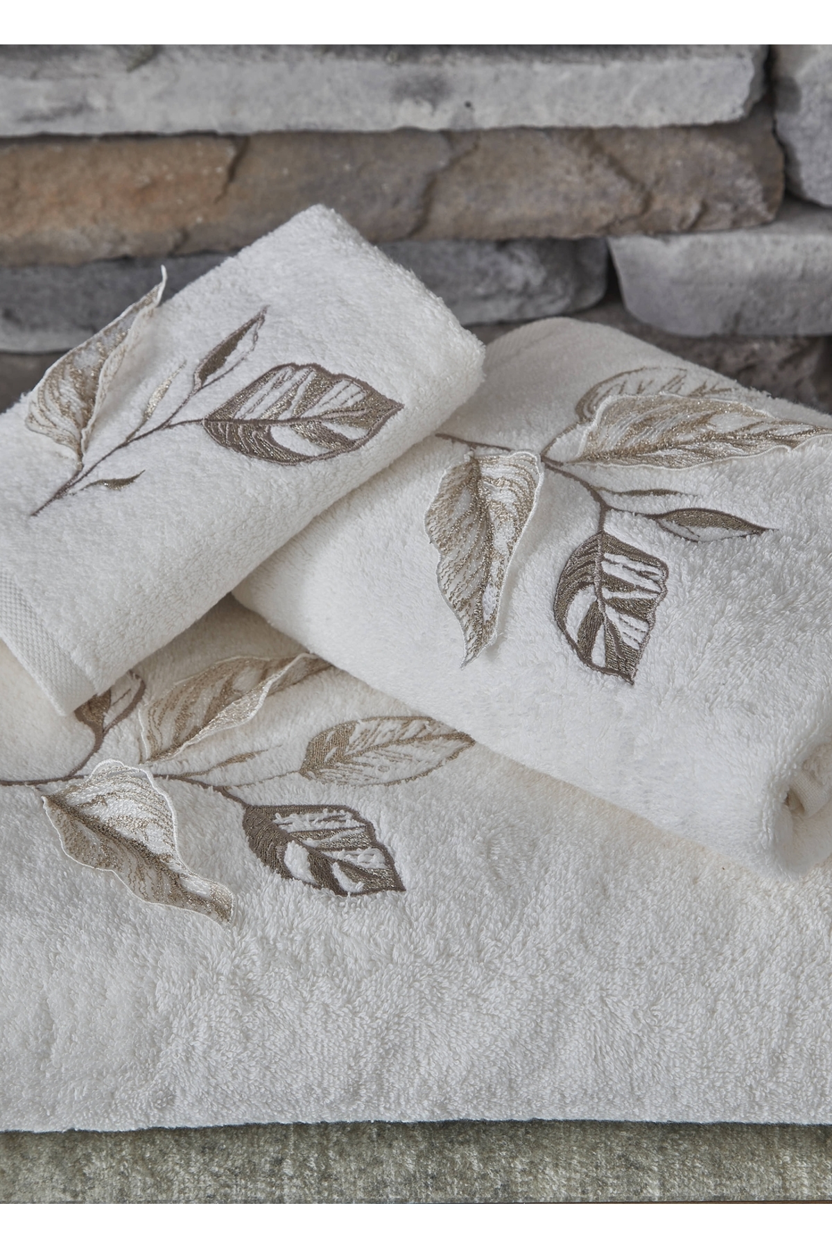 Dantela Kod-9960 Nakışlı Pamuk 3 Parça Banyo Havlu Seti - Krem