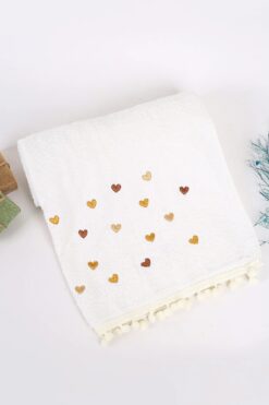 Çeyiz Merkezi Ponponlu Kalpli El Yüz Havlusu 50x90 KREM