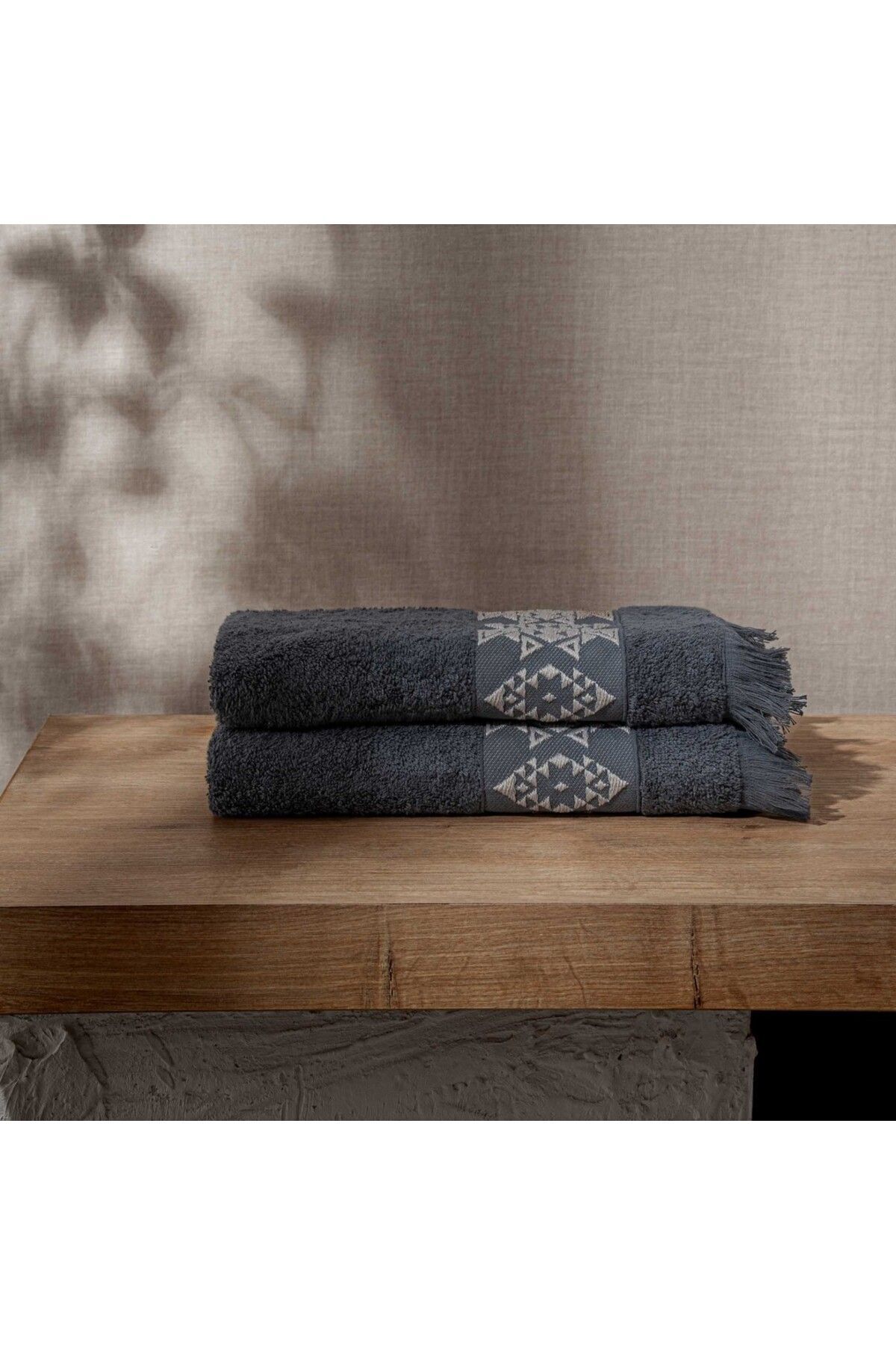 Green Black Hereke 2'li Yüz Havlusu Seti Krem Bordürlü Antrasit - Görsel 2