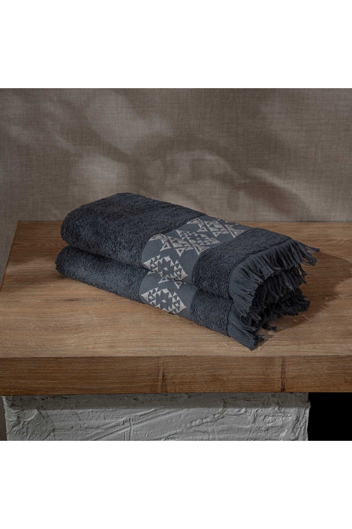 Green Black Hereke 2'li Yüz Havlusu Seti Krem Bordürlü Antrasit - Görsel 3