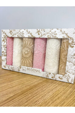 AYHANHOME 6'lı Fransız Güpür İşlemeli Desenli Lüks Çeyizlik 50x90 Kutulu El Yüz Havlu Seti