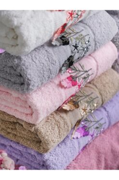 ME-SA LuxuriA Glorya Model 50x90 Çeyizlik Bukle 6 Adet Jakarlı 3D Nakışlı Asortili El Yüz Havlusu