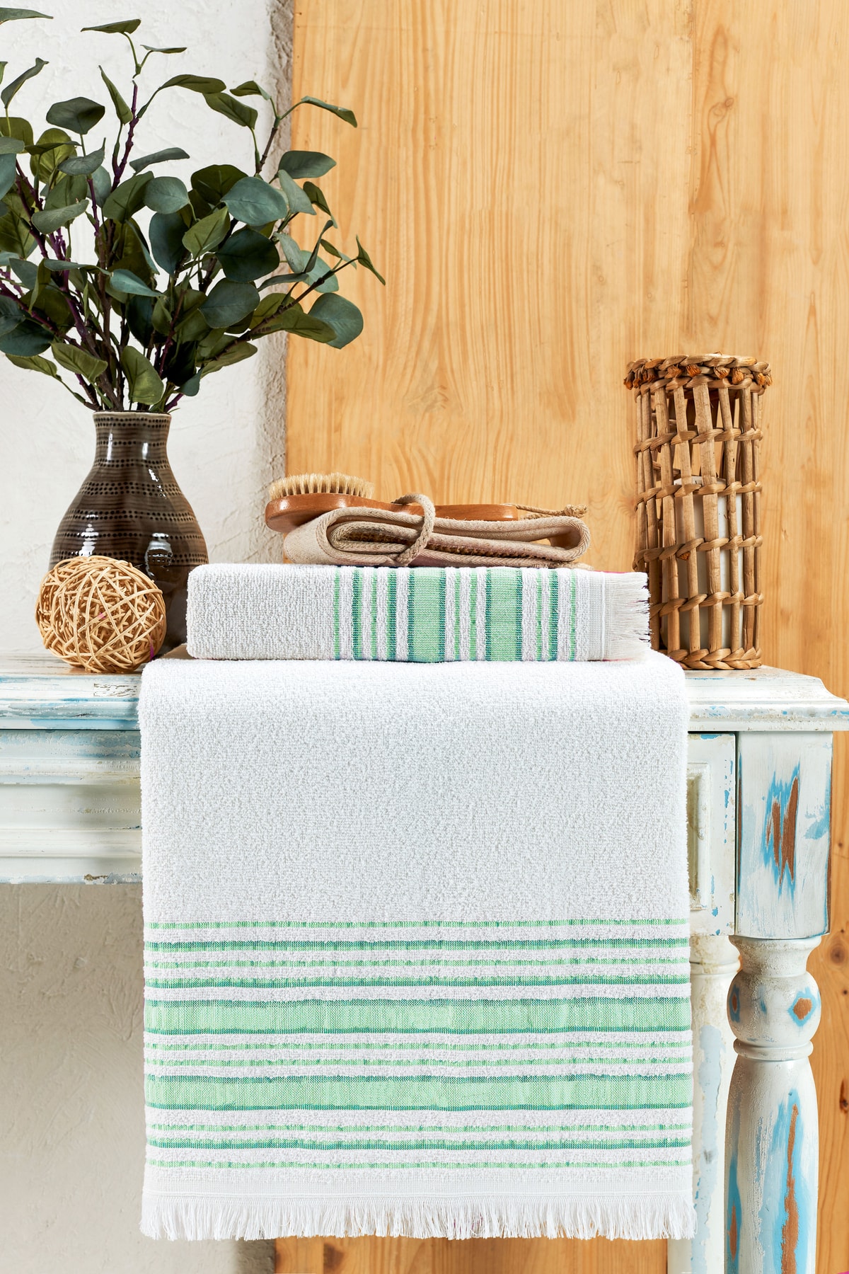 Louis Marie | 50x90 + 70x140 cm Saçak Detaylı Pamuk | Vip Fıstık Yeşili | Banyo Havlu Seti - Görsel 2