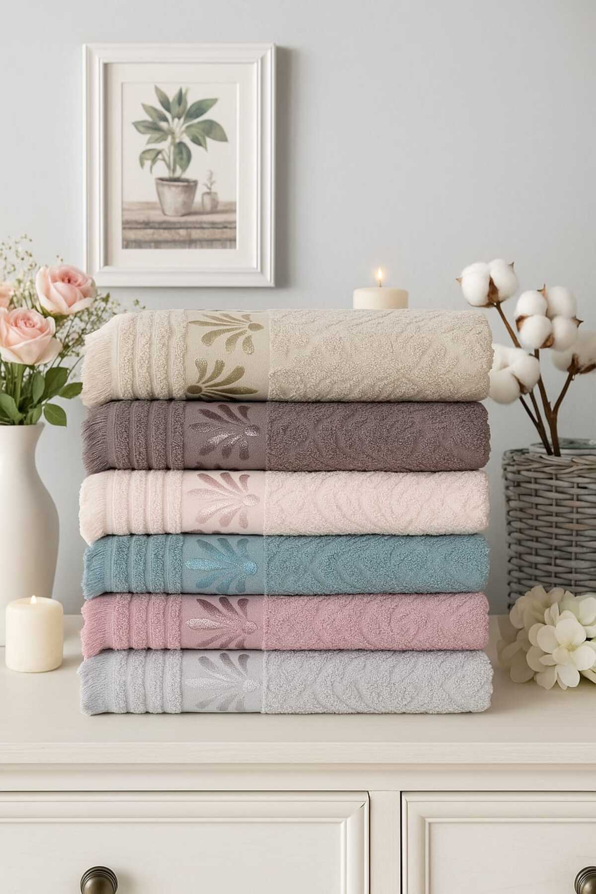 Mela Home Palmiye Desenli Saçaklı 50*90 cm 6'lı El Yüz Havlusu-Havlu Seti-Çeyizlik-Hediyelik-Mutfak %100 Pamuk