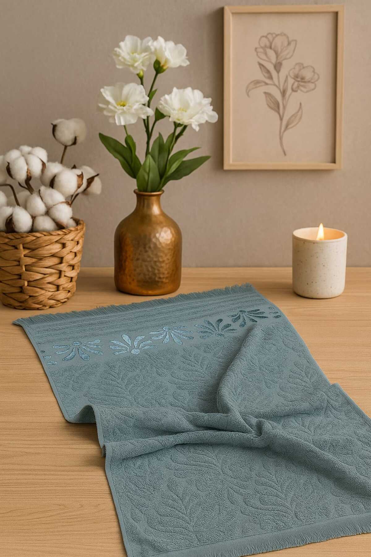 Mela Home Palmiye Desenli Saçaklı 50*90 cm 6'lı El Yüz Havlusu-Havlu Seti-Çeyizlik-Hediyelik-Mutfak %100 Pamuk - Görsel 3