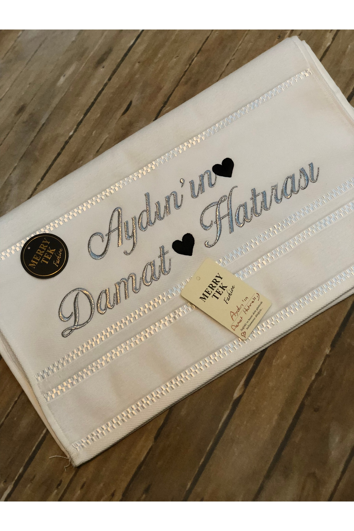 MERRY TEK İsimli Damat Havlusu Söz Nişan Düğün Gold Gümüş Metalik Nakışlı 50x90cm - Görsel 2