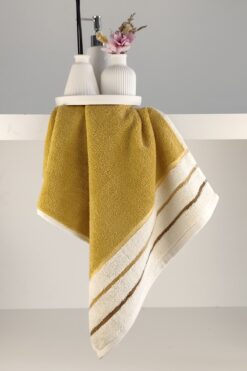 Sevim İpliği Boyalı Ucu Çizgili El Yüz Havlusu-Yüksek Su Emici-%100 Pamuk-45x85 Cm-Hardal