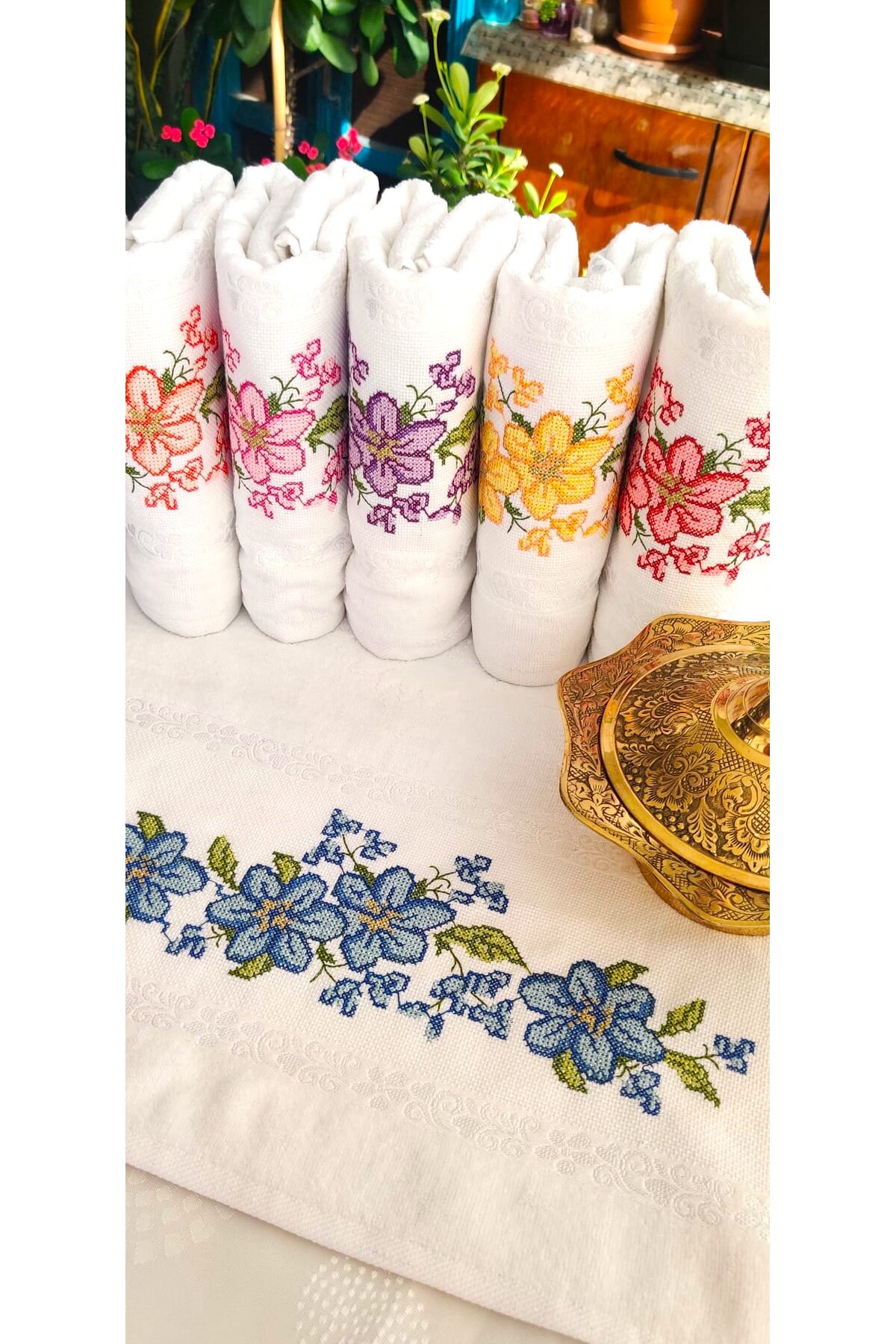 Z&N STYLE Annem 50x90 Cm. Jakarlı Kanaviçe Nakışlı Çeyizlik Lüks Havlu Seti 6'lı - Görsel 3