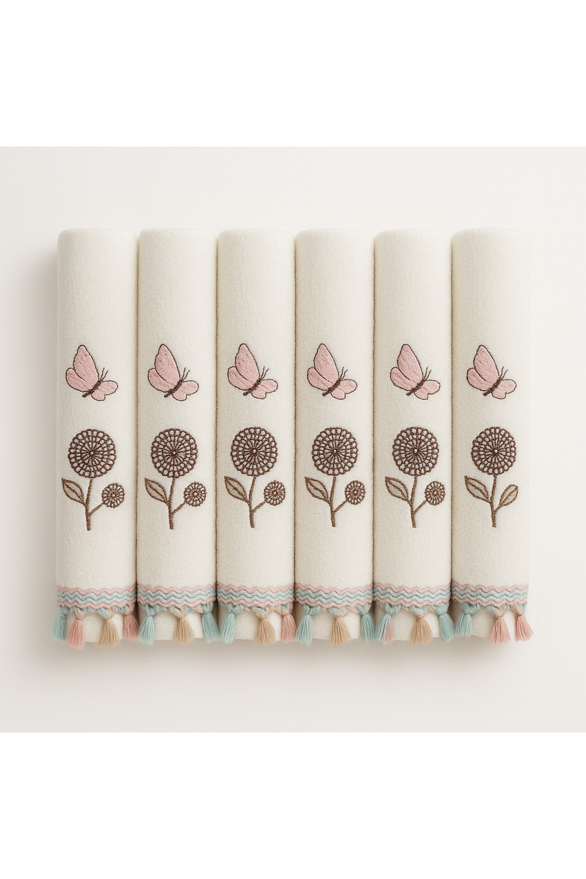 KAYABEY HOME 6’lı 30x50 Kelebek Nakışlı El Yüz Havlusu Seti – %100 Pamuk, Yumuşak, Desenli, Şık ve Su Emici