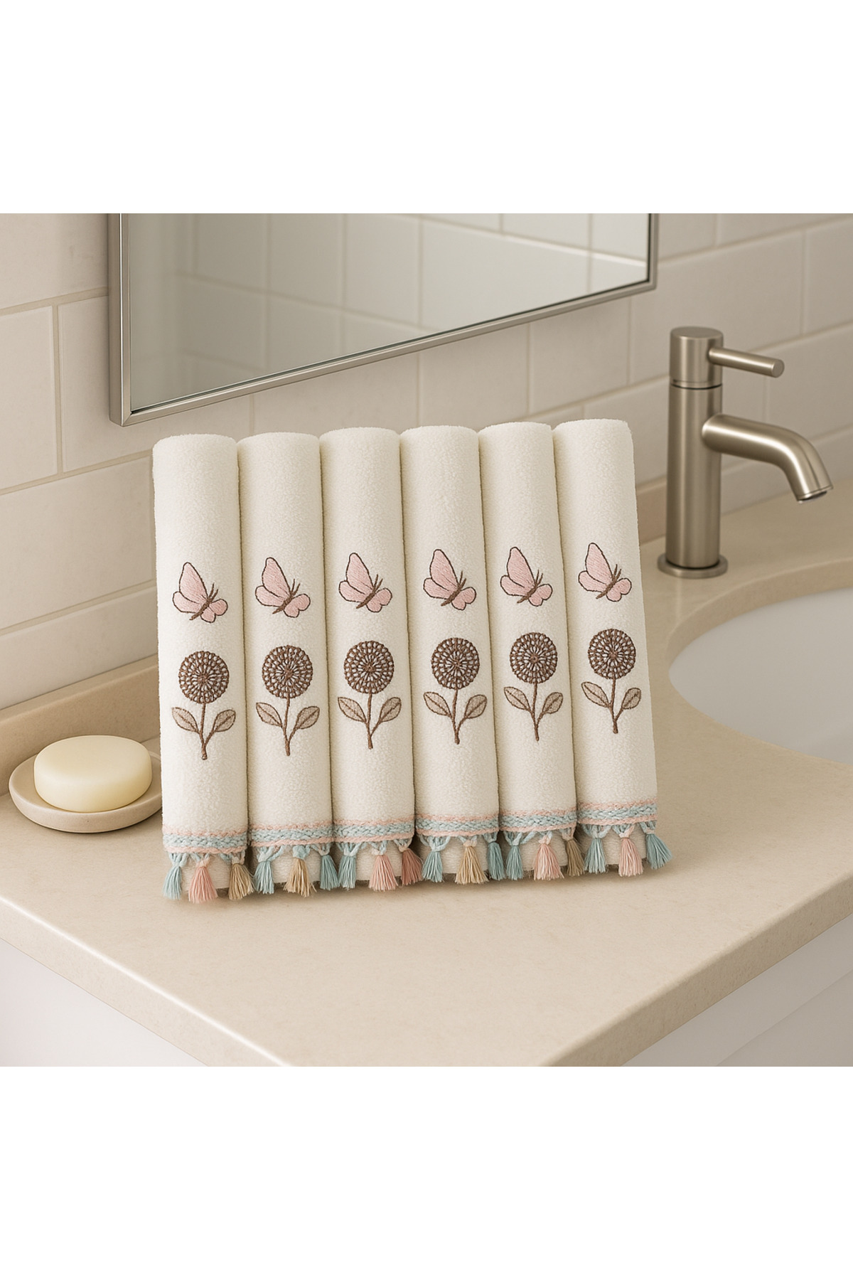 KAYABEY HOME 6’lı 30x50 Kelebek Nakışlı El Yüz Havlusu Seti – %100 Pamuk, Yumuşak, Desenli, Şık ve Su Emici - Görsel 2