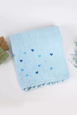 Çeyiz Merkezi Ponponlu Kalpli El Yüz Havlusu 50x90 MAVİ
