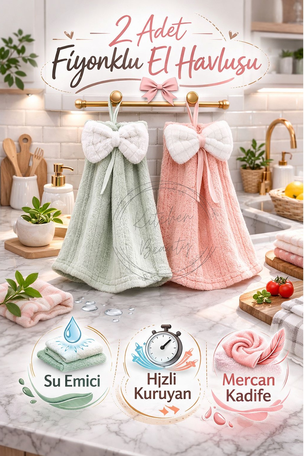Kitchen Beauty 2 Adet Fiyonklu Mercan Kadife El Havlusu Hızlı Kuruyan Mikrofiber Su Emici Asılabilir El Yüz Havlusu