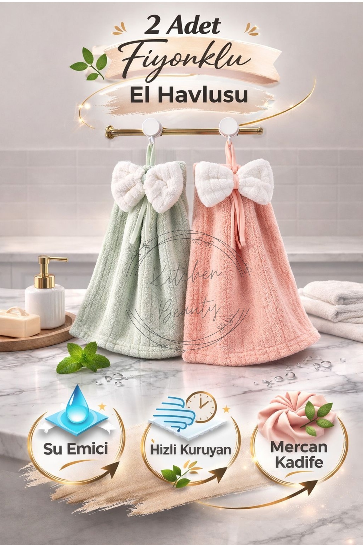Kitchen Beauty 2 Adet Fiyonklu Mercan Kadife El Havlusu Hızlı Kuruyan Mikrofiber Su Emici Asılabilir El Yüz Havlusu - Görsel 2