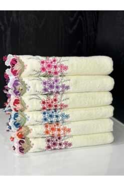 DeLavinDa Şık Çeyizlik Kadife El Havlusu Seti – Krem Nakışlı 6’lı Paket 50x90 cm