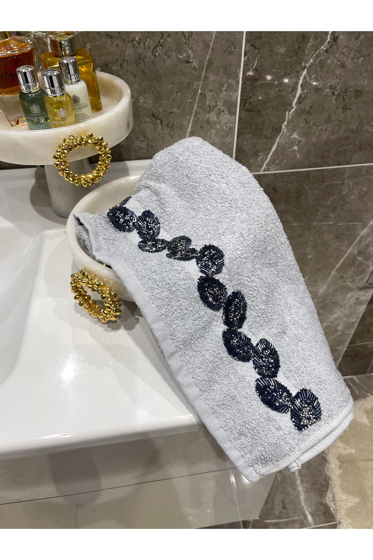 Rose Marine Mavi Taşlı Çeyizlik Havlu - Görsel 3