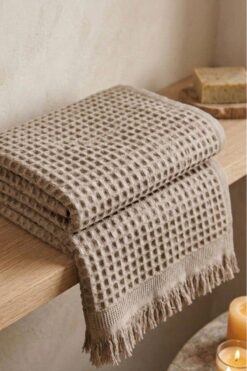 Nilteks %100 Pamuk Waffle Desenli Vücut Havlusu - Natural - 70x140 cm Banyo ve Plaj Havlusu Bej