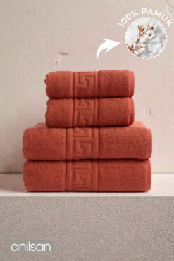Anılsan 4'lü Kiremit Greek Havlu Set %100Pamuk - 2 Adet El Havlusu 50x90 ve 2 Adet Banyo Havlusu 70x140