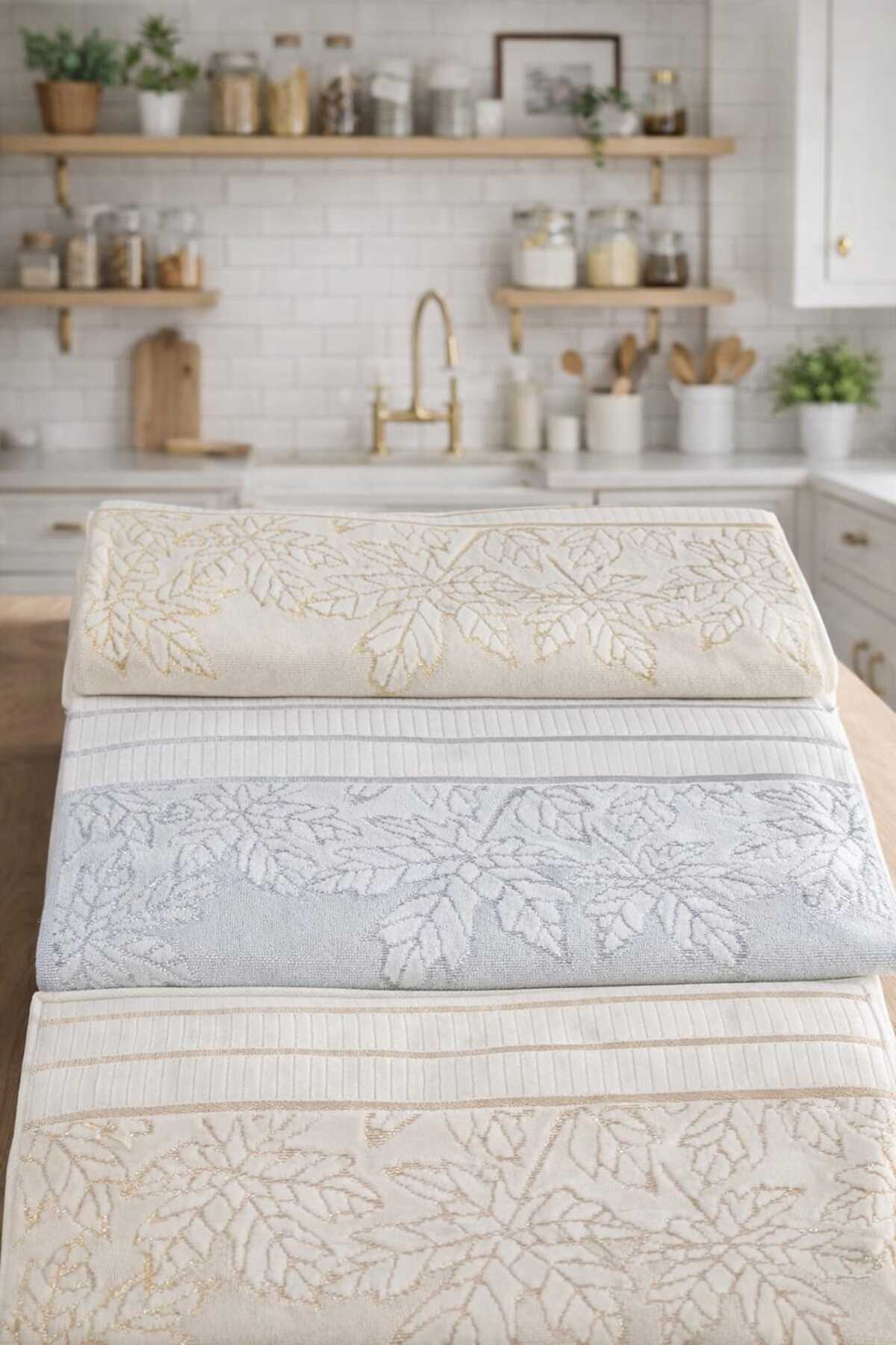 Yoncagül madamgold havlu 50x90 3 adet yaprak desen ( gold-gümüş-bronz) el ve yüz havlusu