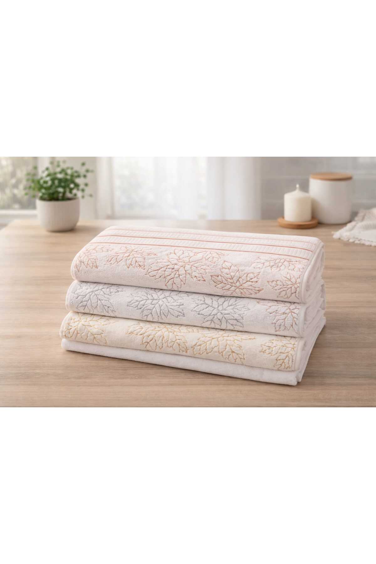 Yoncagül madamgold havlu 50x90 3 adet yaprak desen ( gold-gümüş-bronz) el ve yüz havlusu - Görsel 2