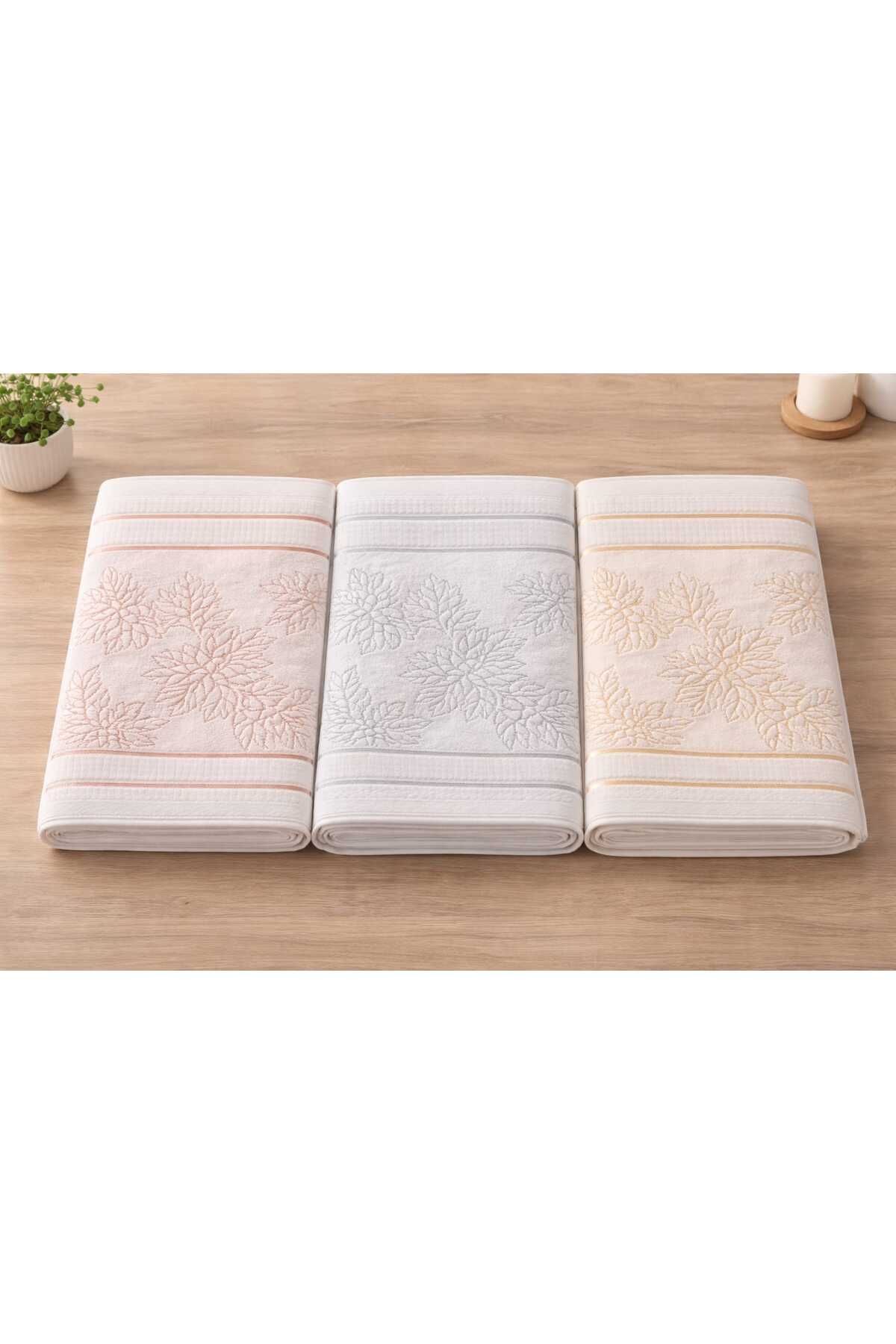 Yoncagül madamgold havlu 50x90 3 adet yaprak desen ( gold-gümüş-bronz) el ve yüz havlusu - Görsel 3