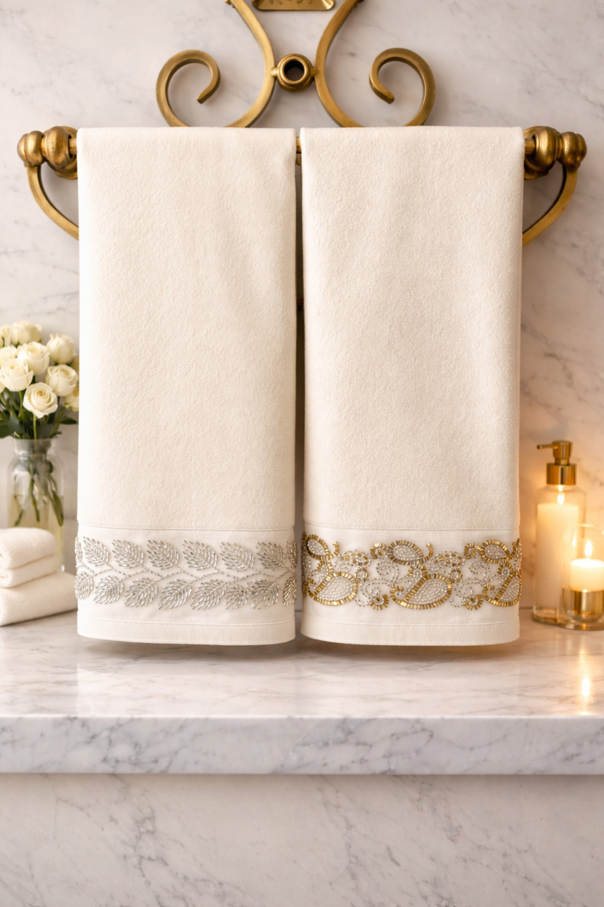 Ceylan Boncuk İşlemeli Lüks 2 'li Krem Kadife Havlu Seti – Özel tasarım - Çeyizlik ve Hediyelik Seri