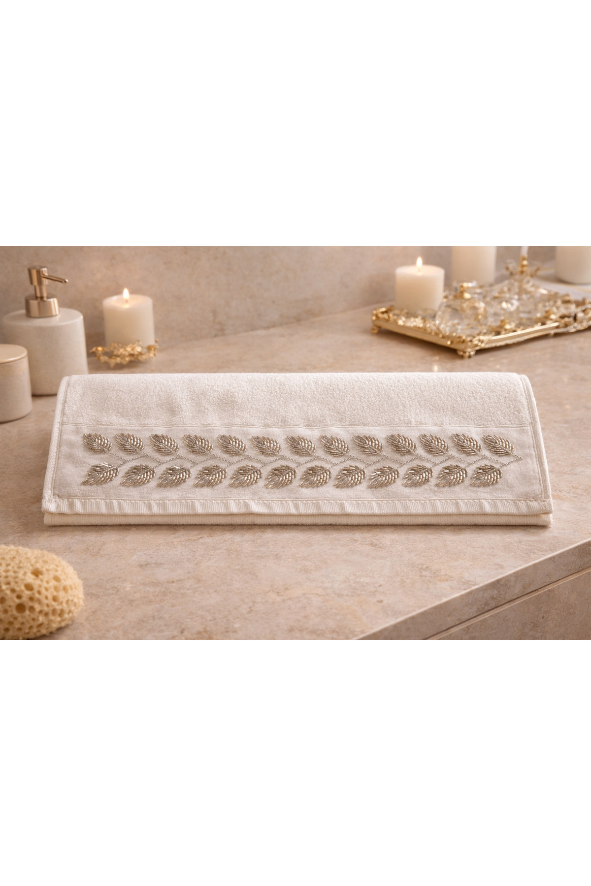 Ceylan Boncuk İşlemeli Lüks 2 'li Krem Kadife Havlu Seti – Özel tasarım - Çeyizlik ve Hediyelik Seri - Görsel 3