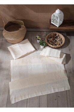 sarra 4'lü Saçaklı Etamin Bohça Seti - Kapiçino