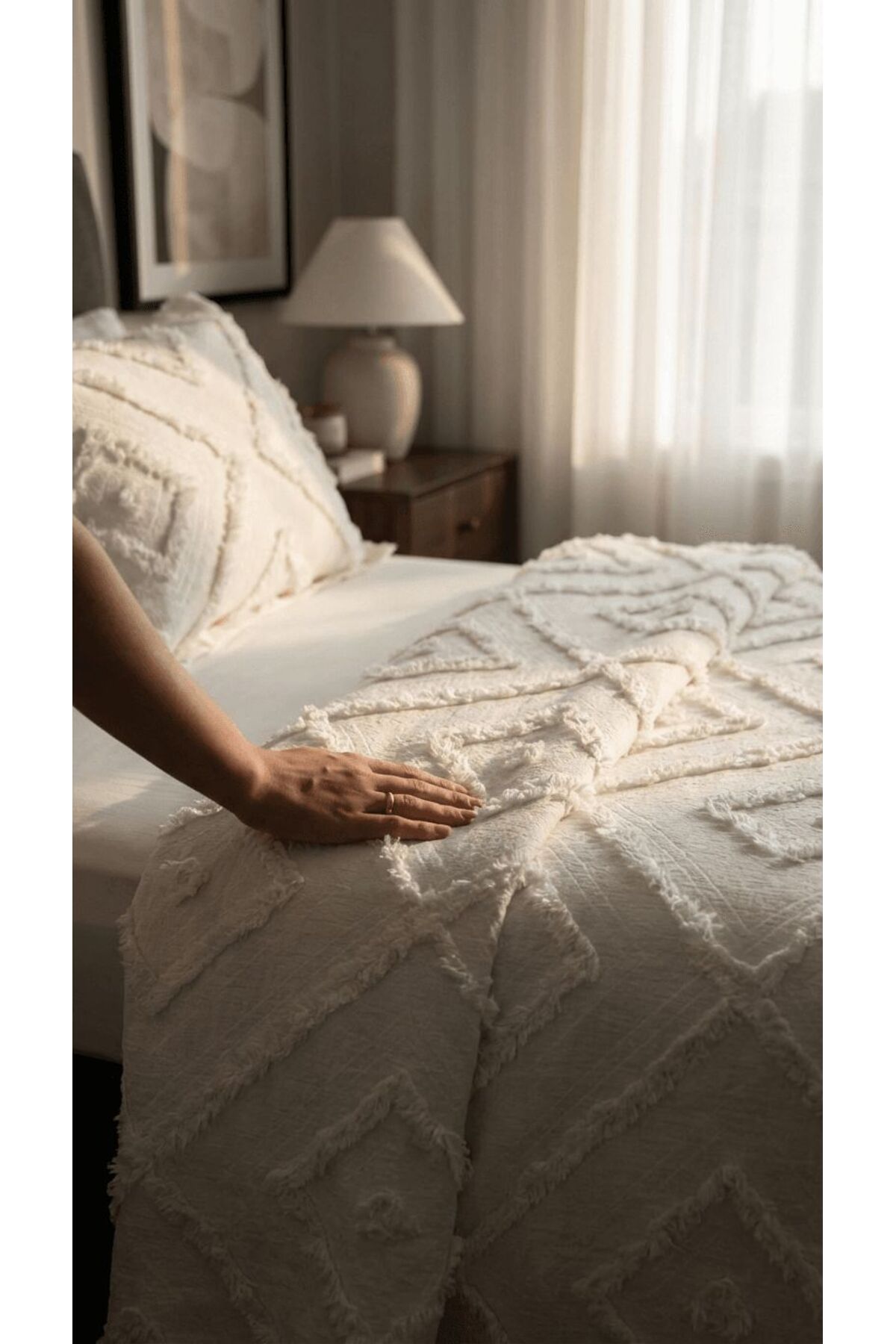 miar home perde tekstil Krem Şönil İskandinav Yatak Örtüsü Takımı 250 x 260 cm – Valonlu Model 2 Adet 50 x 70 Yastık Kılıfı - Görsel 3