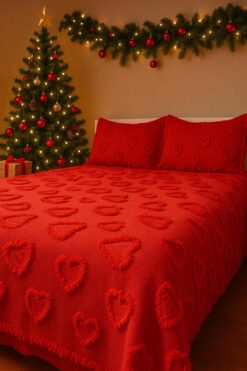 diabella Sevgililer Günü Özel Desen Kalpli 3 Parça Çift Kişilik Yatak Örtüsü Kırmızı