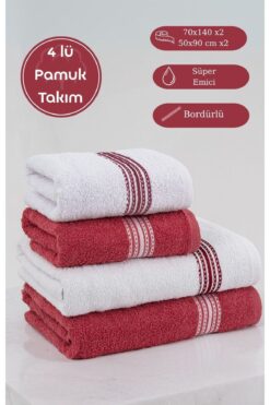 Acacia 4'lü Pamuk Banyo - El Havlusu Seti Elvin 70x140cm X2 / 50x90cm X2 Kırmızı