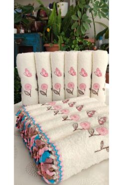 Z&N STYLE Annem Çiçek ve Kelebek Nakışlı Püsküllü Bukle Havlu Seti 30x50 6 Adet 50x90 6 Adet Toplam 12 Li Set