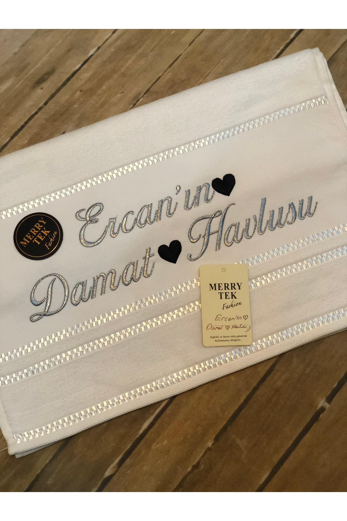MERRY TEK İsimli Damat Havlusu Söz Nişan Düğün Gold Gümüş Metalik Nakışlı 50x90cm