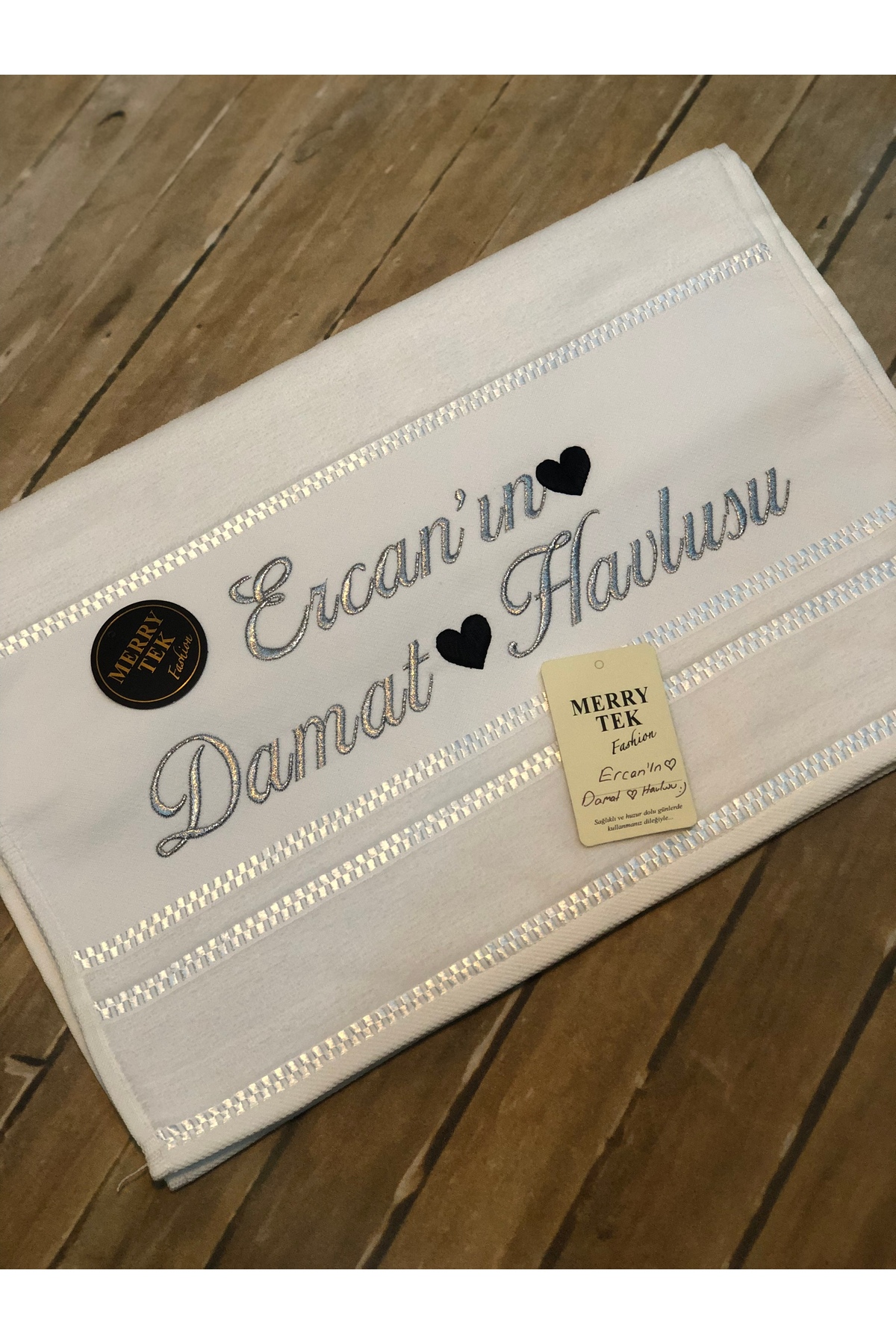 MERRY TEK İsimli Damat Havlusu Söz Nişan Düğün Gold Gümüş Metalik Nakışlı 50x90cm - Görsel 2