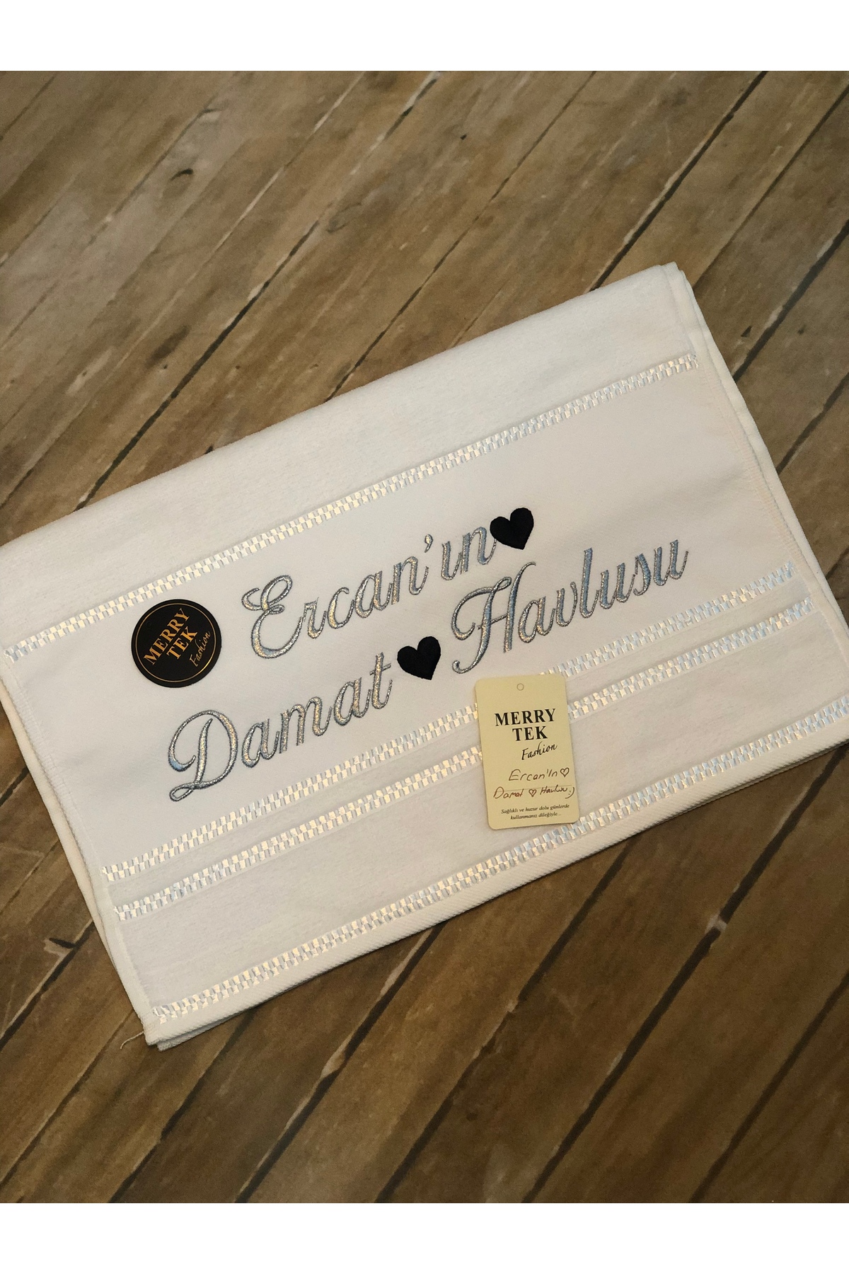 MERRY TEK İsimli Damat Havlusu Söz Nişan Düğün Gold Gümüş Metalik Nakışlı 50x90cm - Görsel 3