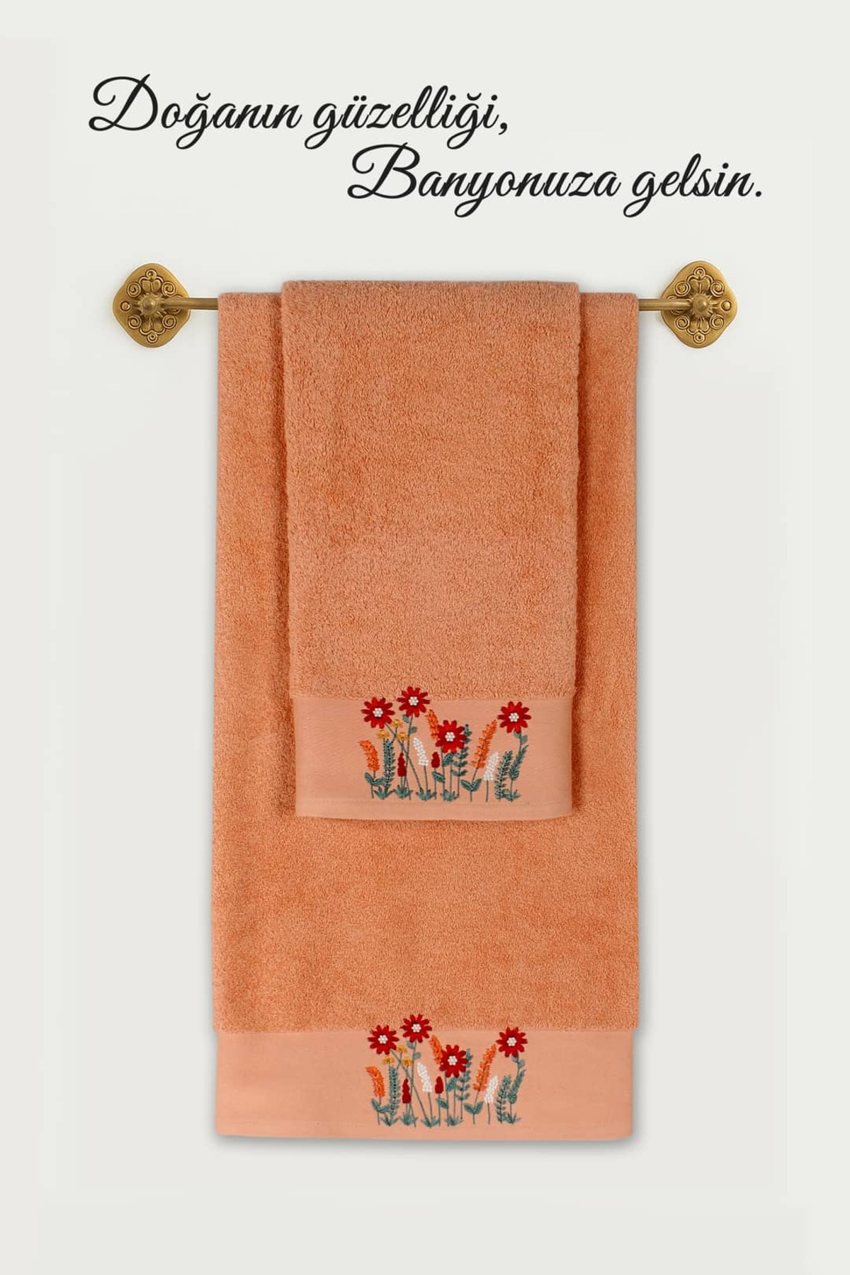 Ellia Soft Salvia %100 Pamuklu Nakışlı Lüks Havlu Seti, Yüz ve Banyo Havlusu 2/50x100+70x140 cm