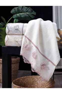 AYHANHOME Kelebek Güpürlü 3'lü %100 Pamuk Çeyizlik 50x90 El Ve Yüz Havlu Seti