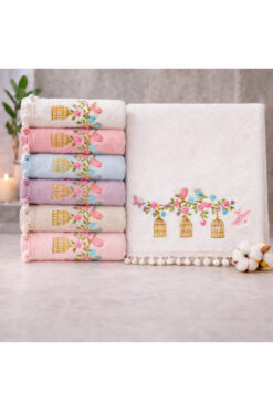Beğenal 6'lı Kadife Ponponlu Flora Light Kafes Nakışlı El-Yüz Havlu Seti (50 x 90 cm)