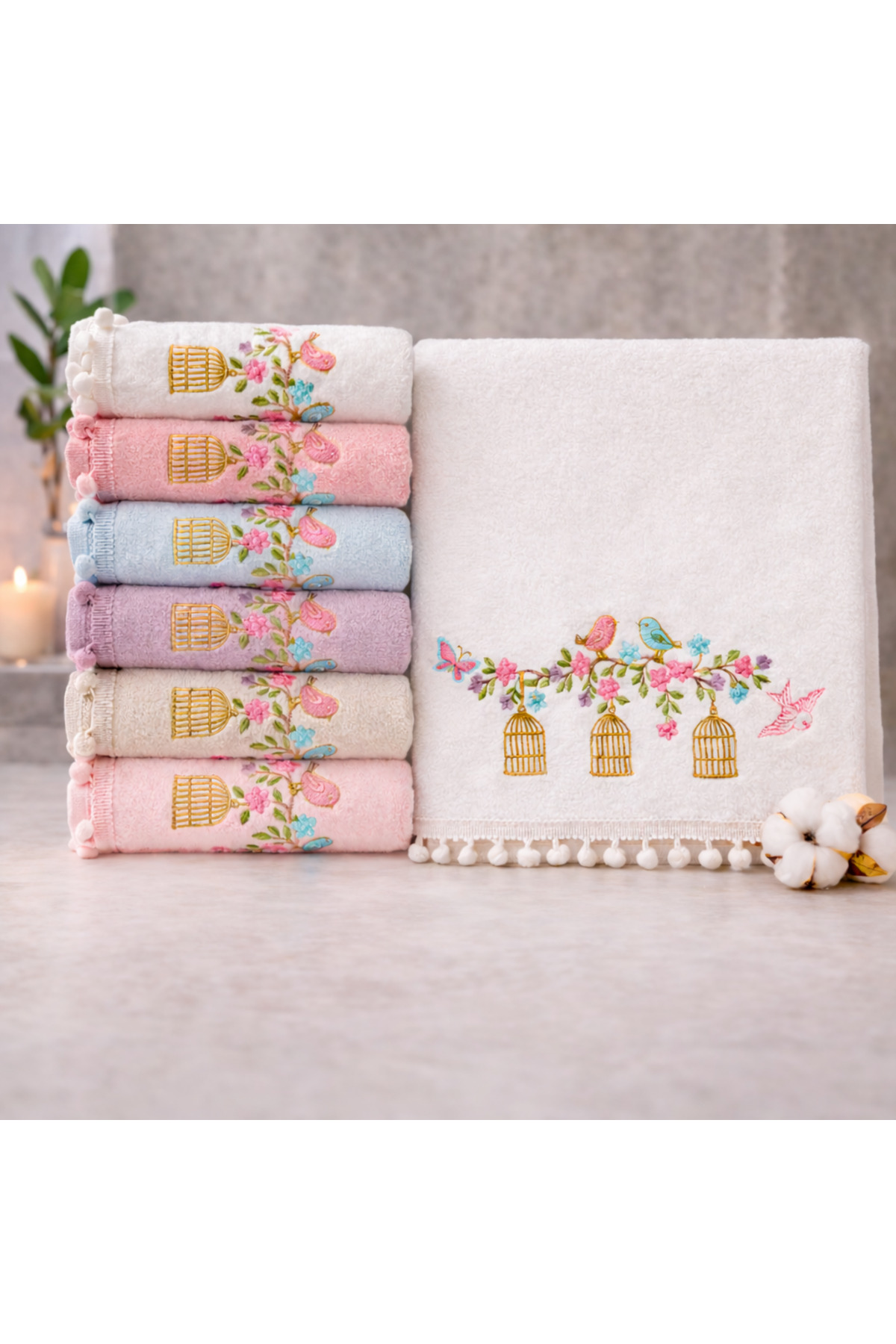 Beğenal 6'lı Kadife Ponponlu Flora Light Kafes Nakışlı El-Yüz Havlu Seti (50 x 90 cm)