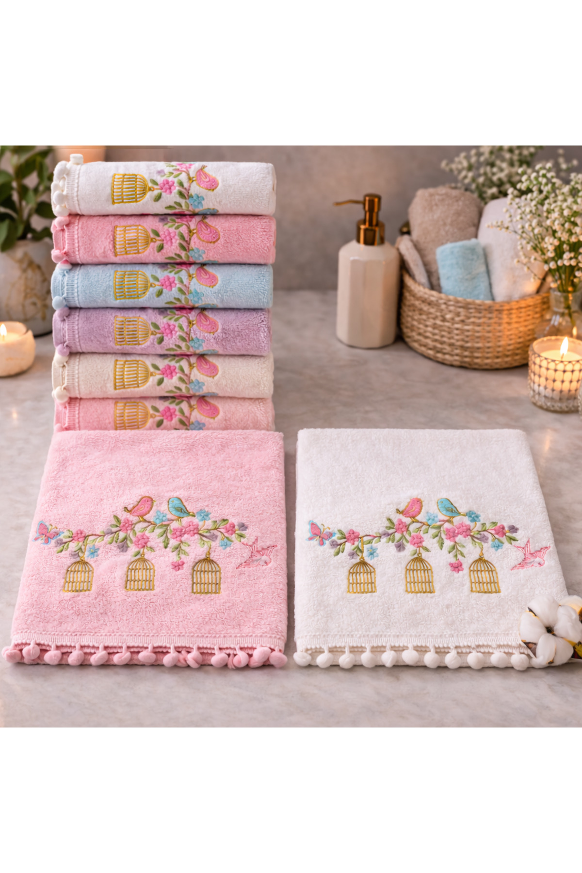 Beğenal 6'lı Kadife Ponponlu Flora Light Kafes Nakışlı El-Yüz Havlu Seti (50 x 90 cm) - Görsel 2