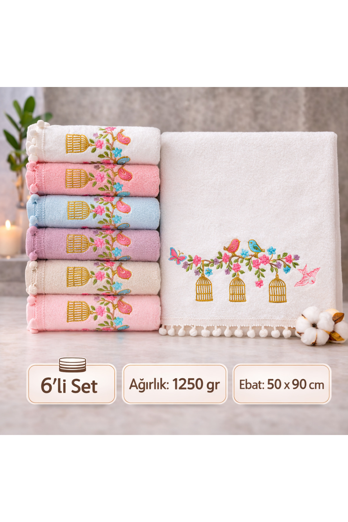 Beğenal 6'lı Kadife Ponponlu Flora Light Kafes Nakışlı El-Yüz Havlu Seti (50 x 90 cm) - Görsel 3