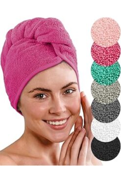 Layvera SAÇ HAVLUSU | Saç Havlusu-Makyaj Havlusu-Akrilik Düğmeli-%100 Pamuklu-Makyaj Bonesi-Fuşya