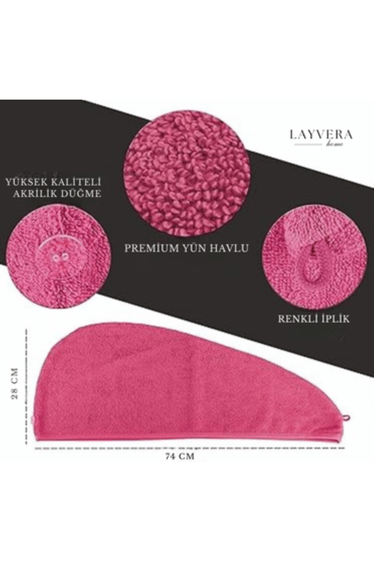 Layvera SAÇ HAVLUSU | Saç Havlusu-Makyaj Havlusu-Akrilik Düğmeli-%100 Pamuklu-Makyaj Bonesi-Fuşya - Görsel 2