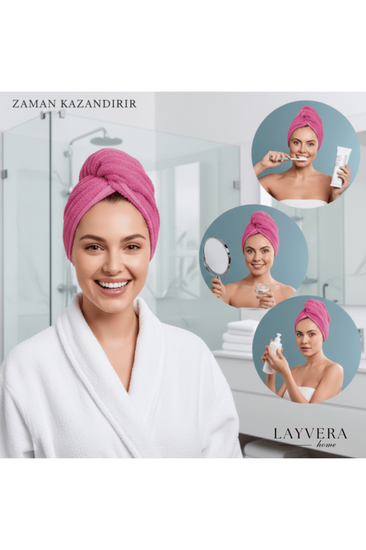 Layvera SAÇ HAVLUSU | Saç Havlusu-Makyaj Havlusu-Akrilik Düğmeli-%100 Pamuklu-Makyaj Bonesi-Fuşya - Görsel 3
