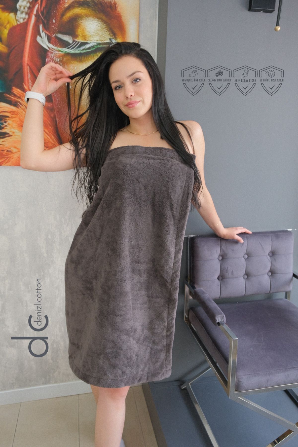 denizlicotton SuperSoft Kadife Kadın Sauna, Plaj Eteği ve Lazer Havlusu Füme 88x150 Cm