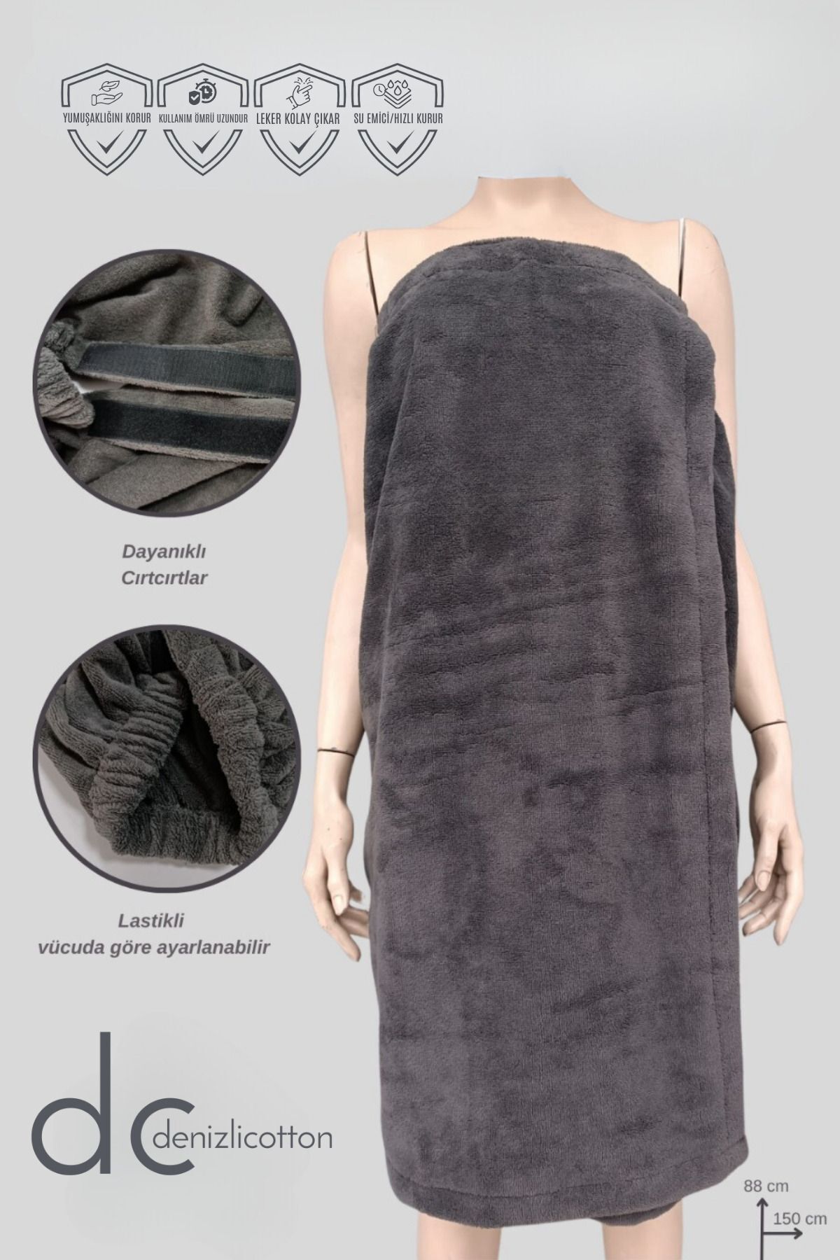 denizlicotton SuperSoft Kadife Kadın Sauna, Plaj Eteği ve Lazer Havlusu Füme 88x150 Cm - Görsel 2