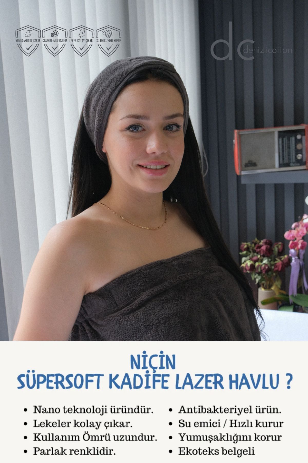 denizlicotton SuperSoft Kadife Kadın Sauna, Plaj Eteği ve Lazer Havlusu Füme 88x150 Cm - Görsel 3