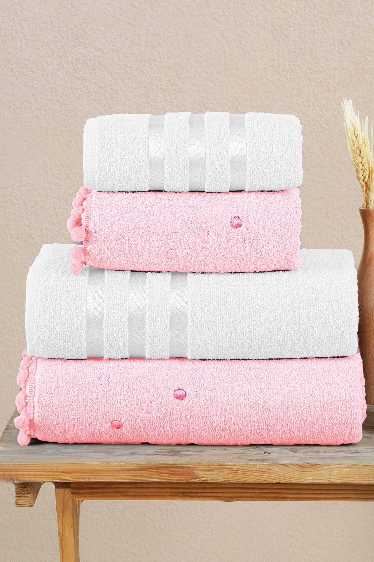 Miss Paris Home Lüks Pamuklu Kalpli Ponponlu Banyo Havlusu Seti Hamam Takımı