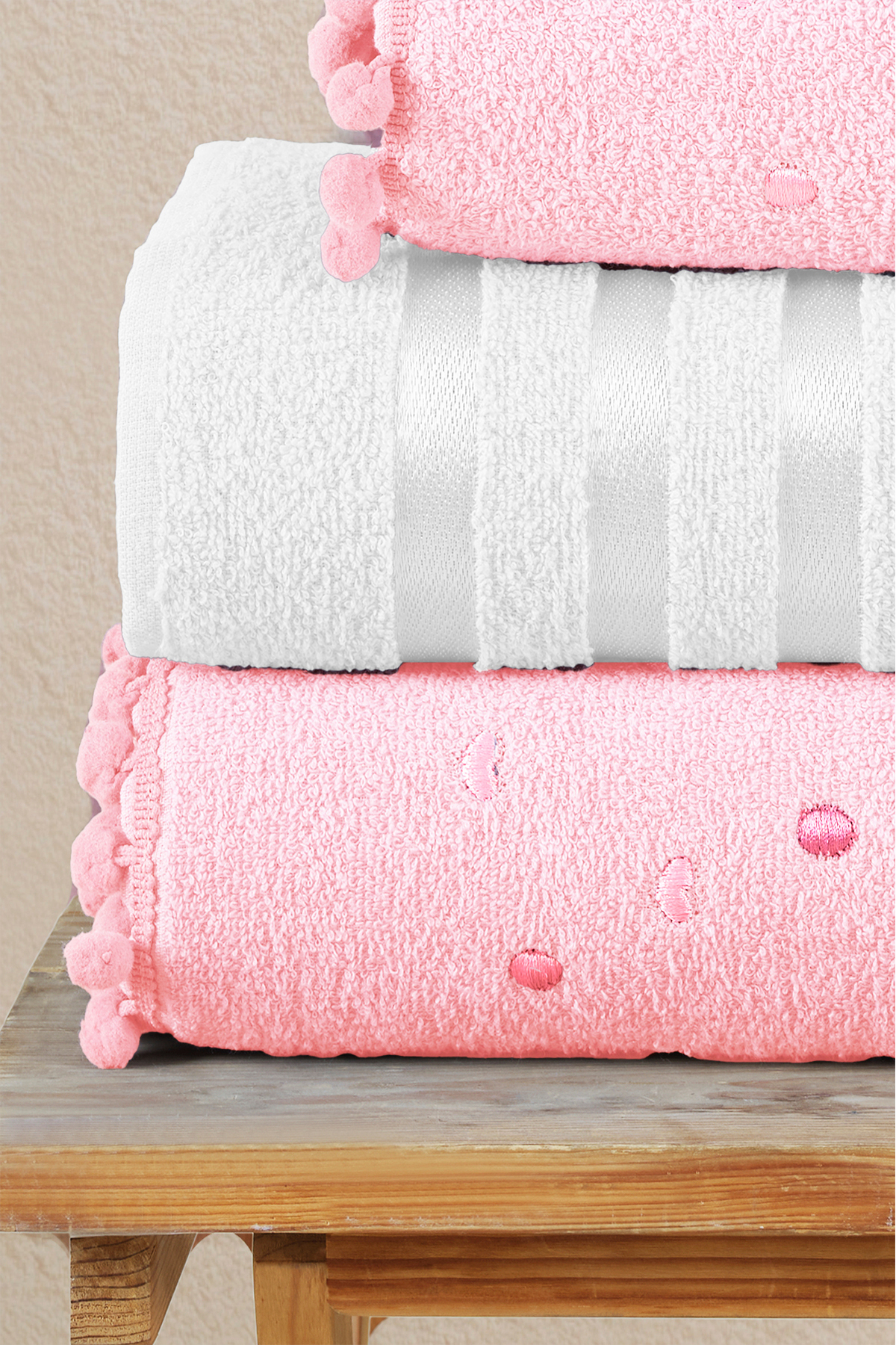 Miss Paris Home Lüks Pamuklu Kalpli Ponponlu Banyo Havlusu Seti Hamam Takımı - Görsel 2